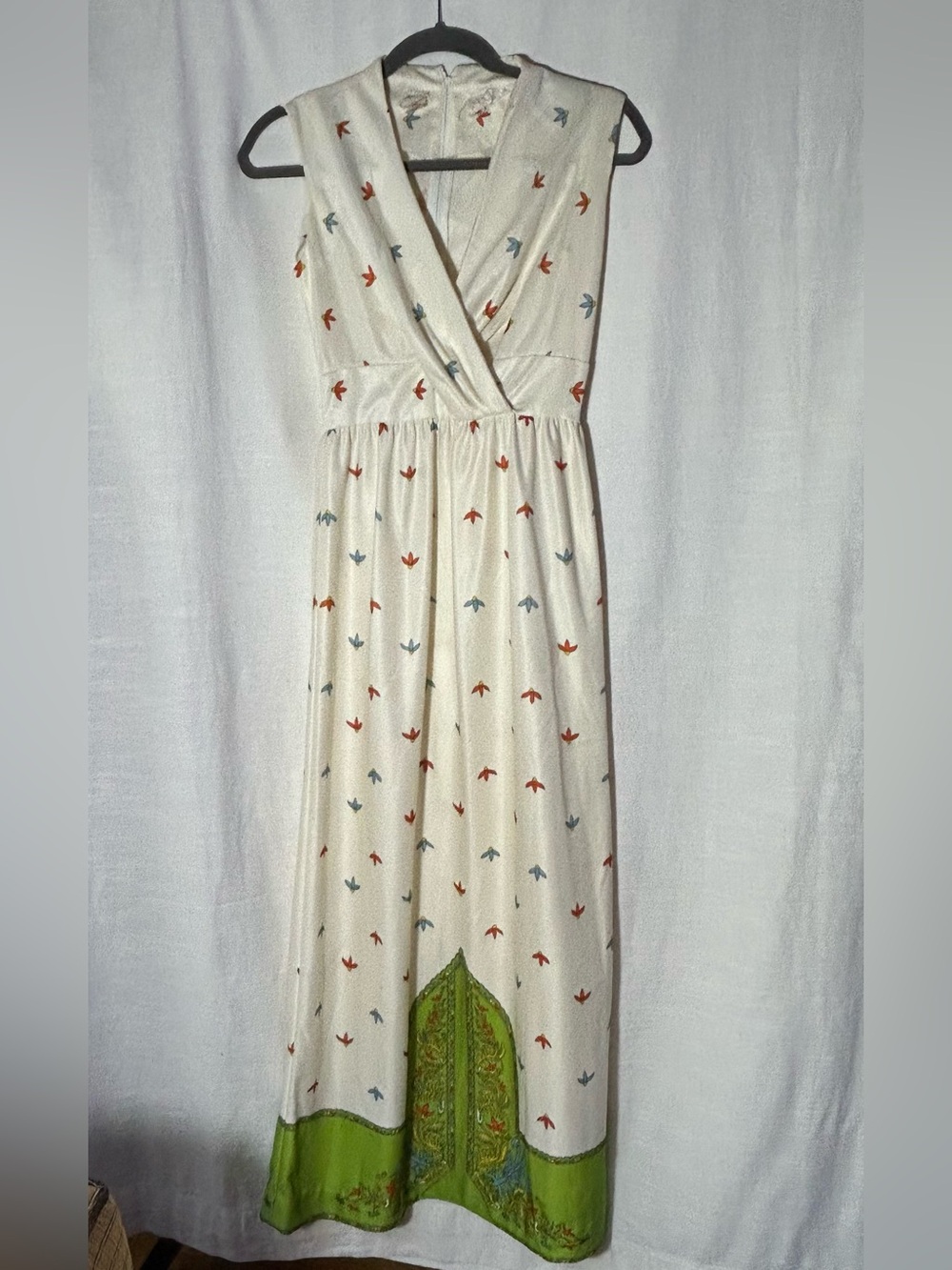 True Vintage Circa 1970's Cream Maxi Dress with Red & Blue Bird Print